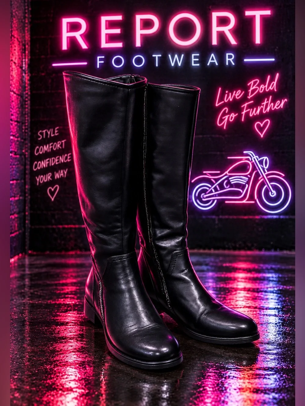Report Footwear “Jadah” black knee-high moto/riding boots, women’s size 7